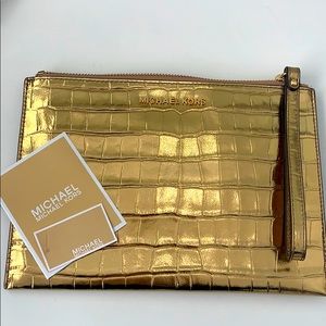 MICHAEL KORS Gold Leather Zip Clutch Purse